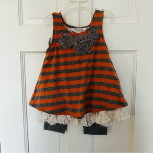 Pippa & Julie Orange and Gray Striped Kids Set With Lace Detail